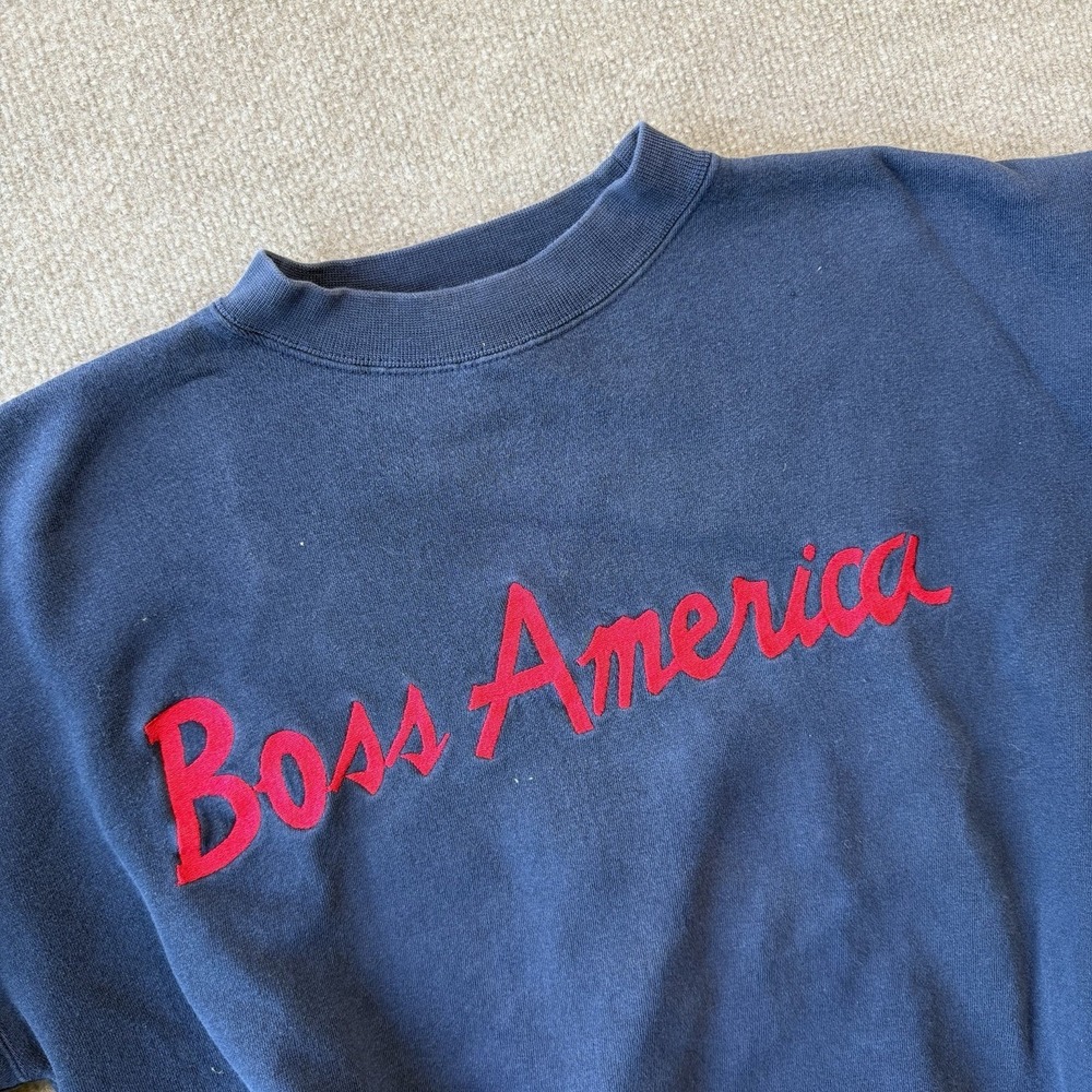VTG 90s Boss America Navy Blue Crewneck Sweatshirt Retro Spell Out Logo Size M